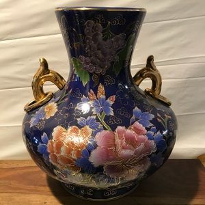 COBALT BLUE  MULTI hand painted cloisonné vase.